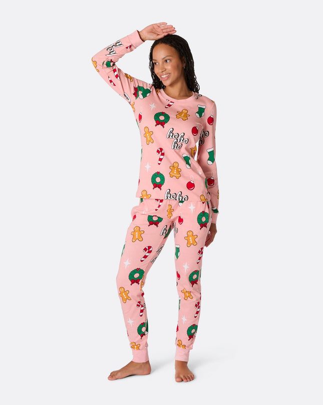 Naisten vaaleanpunaiset Hohoho-joulupyjamat