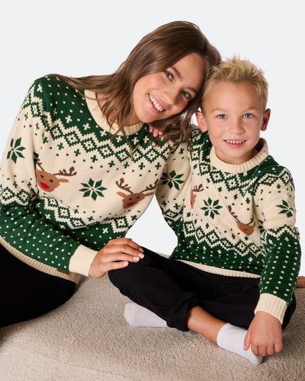 Kids' Retro Reindeer Green Christmas Sweater