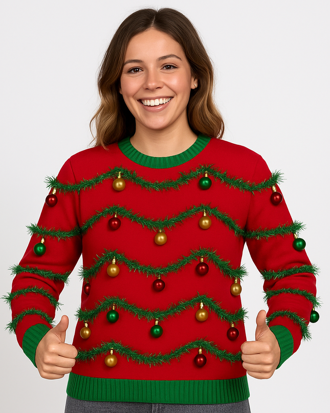 Red 3D Garland and Ornament Ugly Christmas Sweater