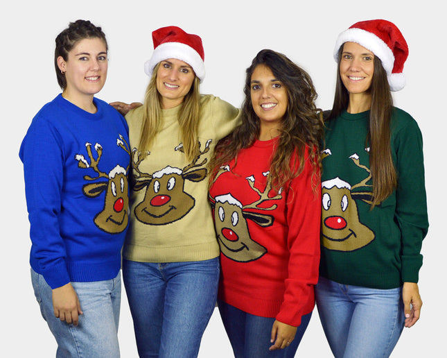 Beige Christmas Sweater with Smiling Reindeer | Outlet Sale