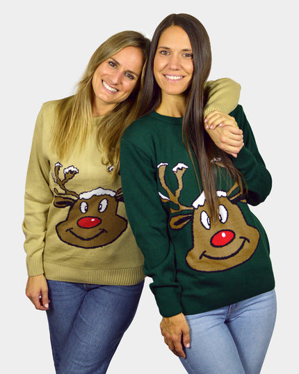 Beige Christmas Sweater with Smiling Reindeer | Outlet Sale