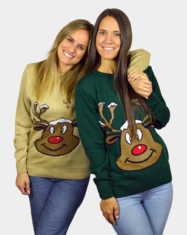 Beige Christmas Sweater with Smiling Reindeer | Outlet Sale
