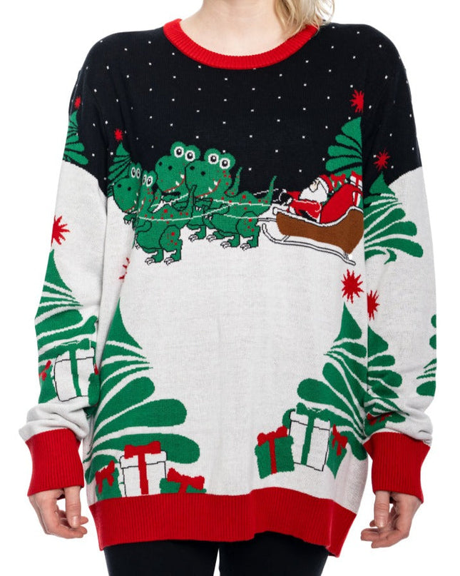 Santa on T-Rex Sleigh Ugly Christmas Sweater