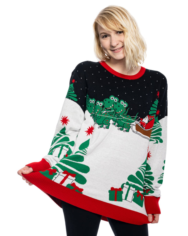 Santa on T-Rex Sleigh Ugly Christmas Sweater