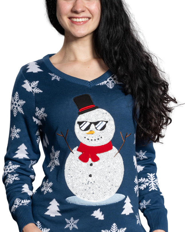 Women's Sequin Snowman Ugly Christmas Sweater