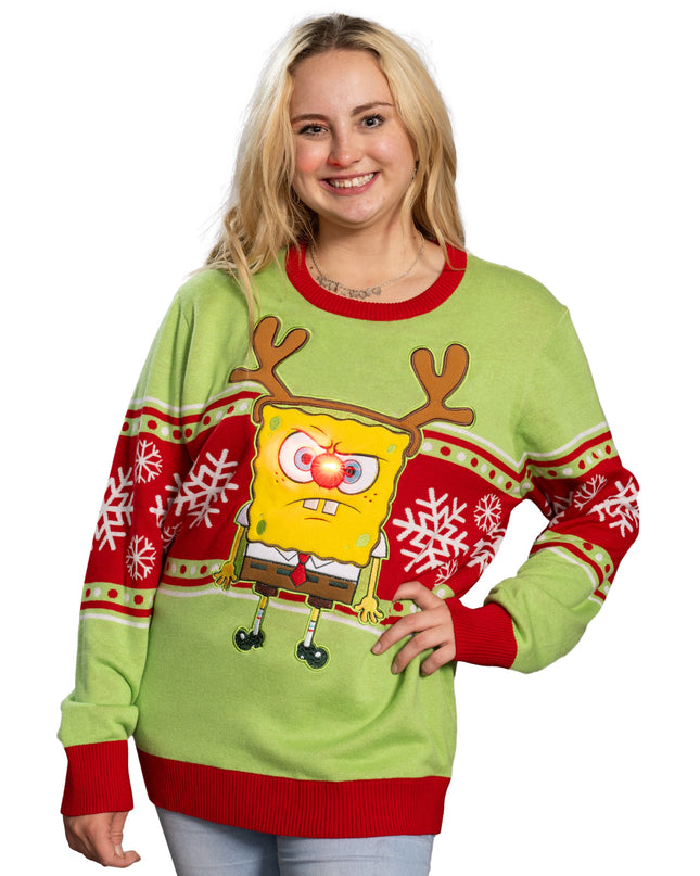 Spongebob LED Reindeer Nose Ugly Christmas Sweater