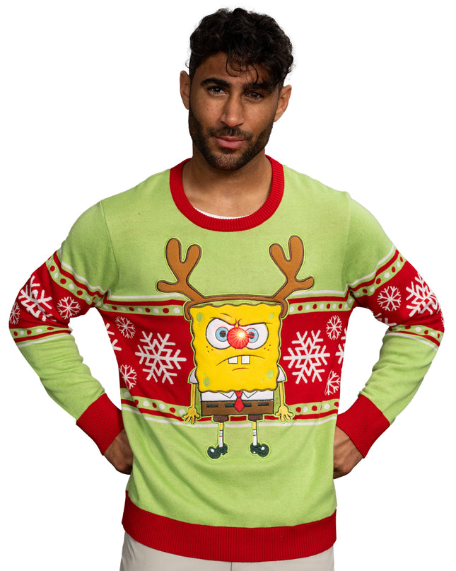 Spongebob LED Reindeer Nose Ugly Christmas Sweater