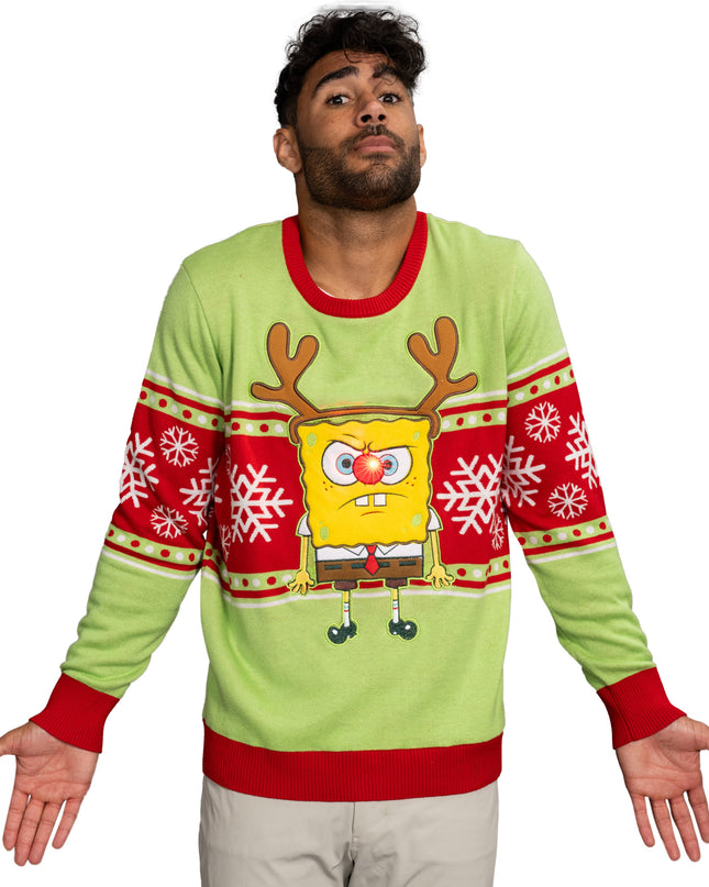 Spongebob LED Reindeer Nose Ugly Christmas Sweater