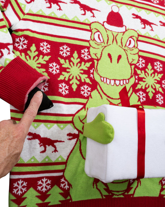 T-Rex Santa Hat 3D Flappy Present Ugly Christmas Sweater