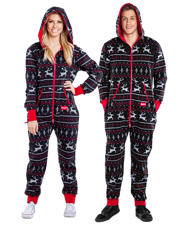 Matching Black and Red Fair Isle Couples Jumpsuits