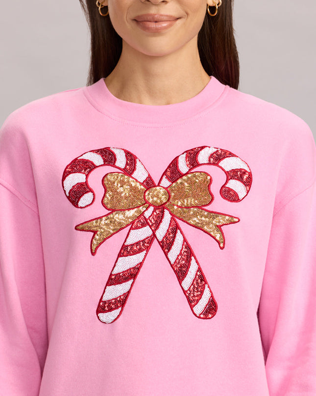 Women's Pink Sequin Candy Cane Sweatshirt