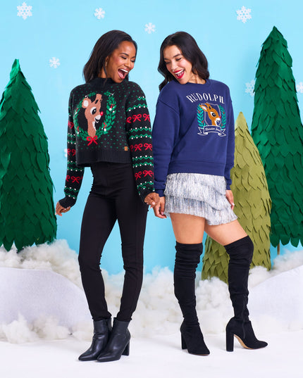 Women's Cozy Knit Rudolph Wreath Cropped Christmas Sweater