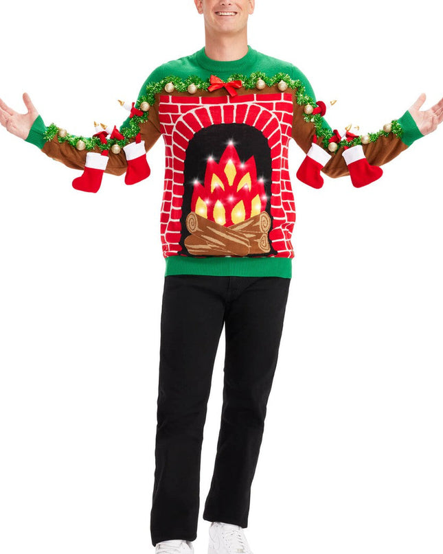 Men's Festive Fireplace Light Up Ugly Christmas Sweater