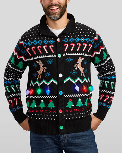Men's Fair Isle Rudolph Light Up Christmas Cardigan Sweater