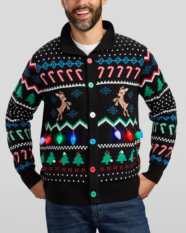 Men's Fair Isle Rudolph Light Up Christmas Cardigan Sweater