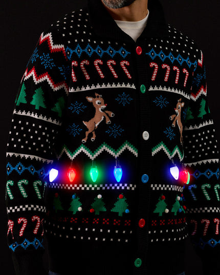 Men's Fair Isle Rudolph Light Up Christmas Cardigan Sweater