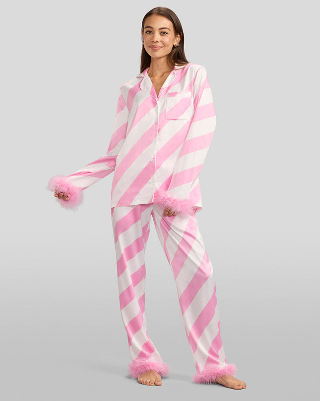 Women's Pink Candy Cane Satin Feather Pajama Set