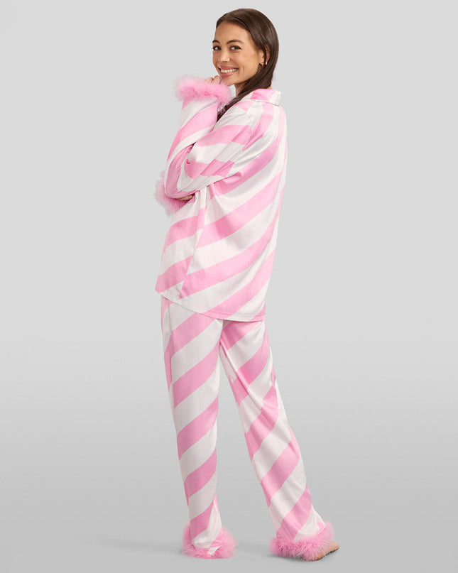 Women's Pink Candy Cane Satin Feather Pajama Set