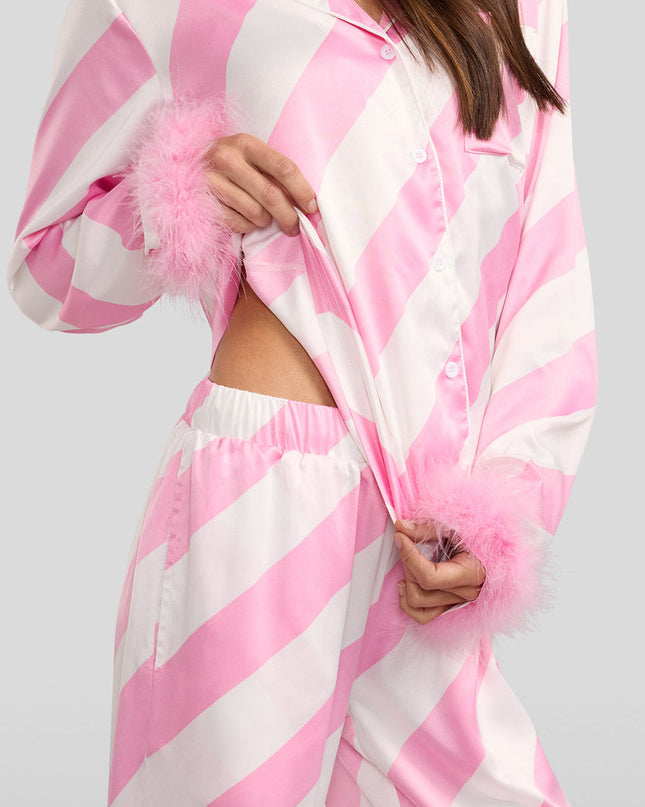 Women's Pink Candy Cane Satin Feather Pajama Set