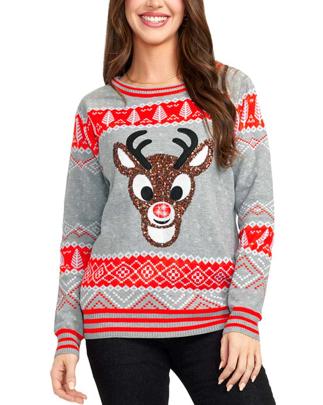 Women's Sequin Rudolph Light Up Ugly Christmas Sweater