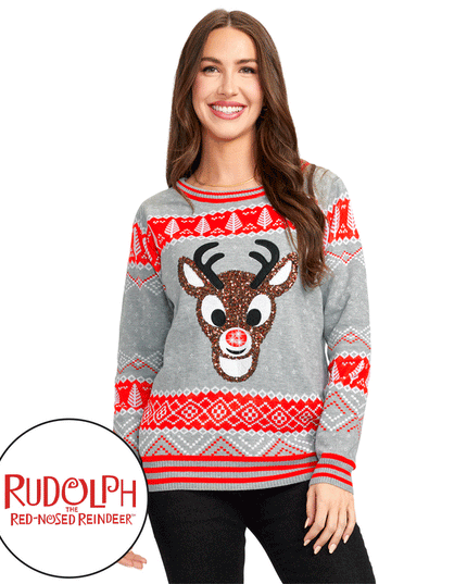 Women's Sequin Rudolph Light Up Ugly Christmas Sweater
