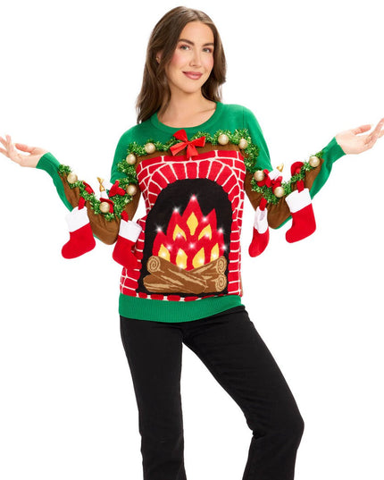 Women's Festive Fireplace Light Up Ugly Christmas Sweater