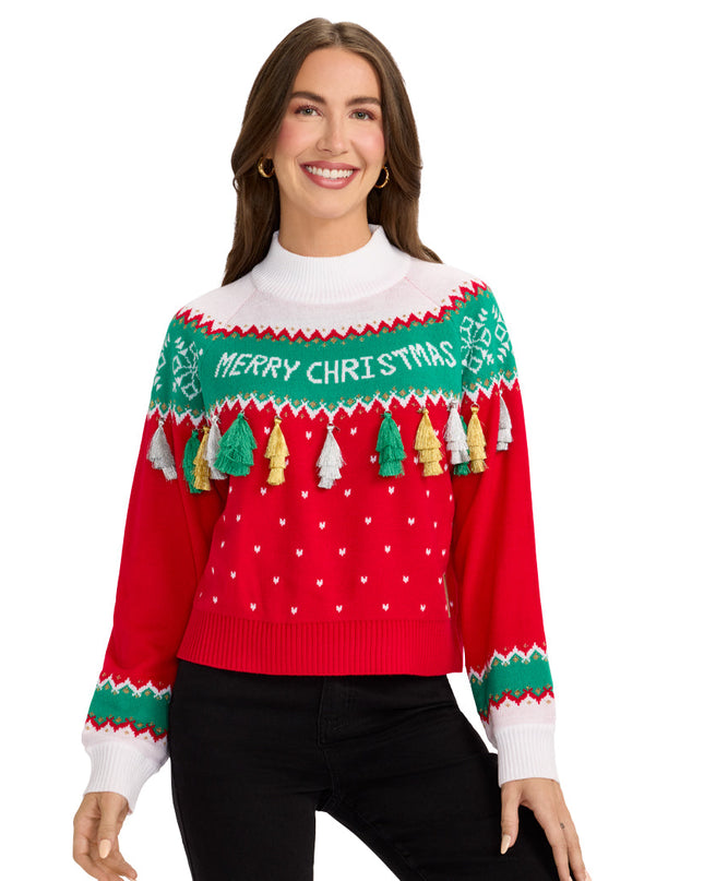 Women's Merry Christmas Tassel Turtleneck Cropped Sweater