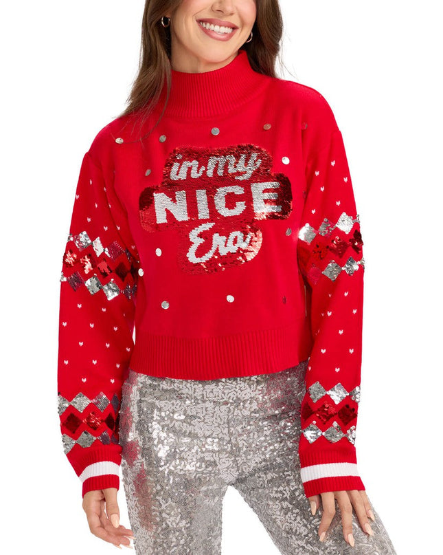 Women's Nice Era Turtleneck Cropped Reversible Sequin Christmas Sweater