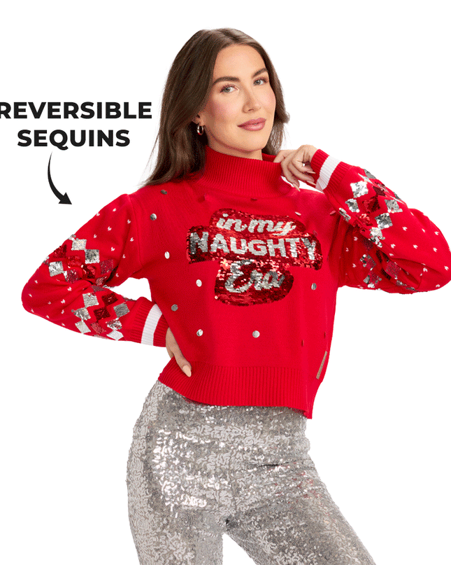 Women's Nice Era Turtleneck Cropped Reversible Sequin Christmas Sweater