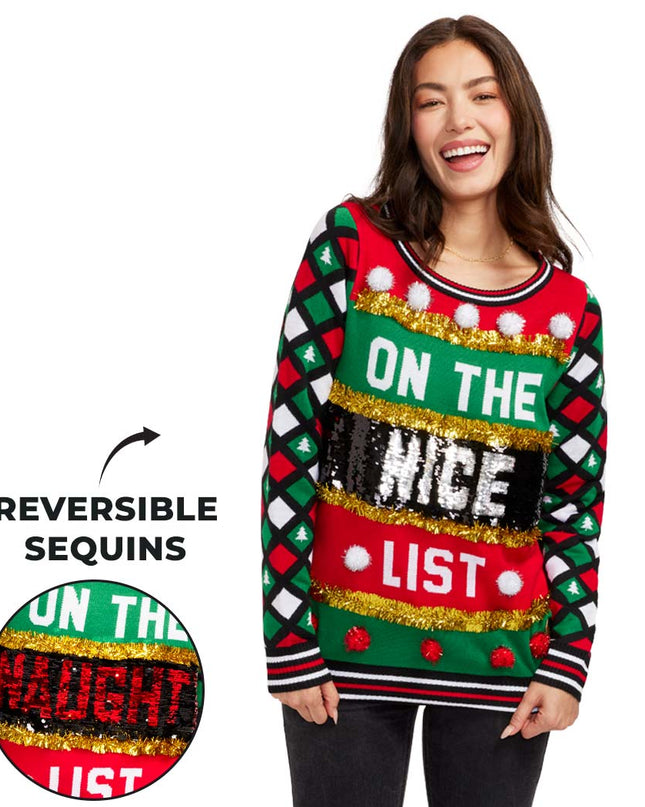Women's Naughty or Nice Reversible Sequin Ugly Christmas Sweater