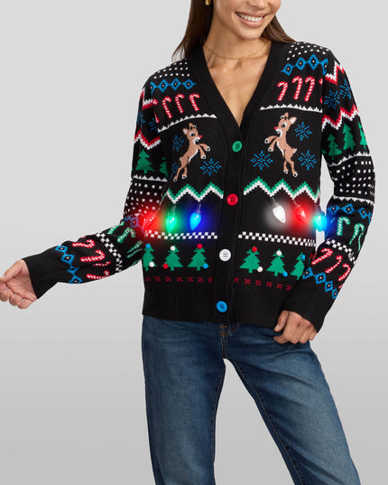 Women's Fair Isle Rudolph Light Up Christmas Cardigan Sweater