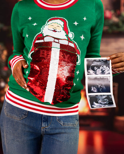 Women's Big Reveal Reversible Sequin Maternity Christmas Sweater