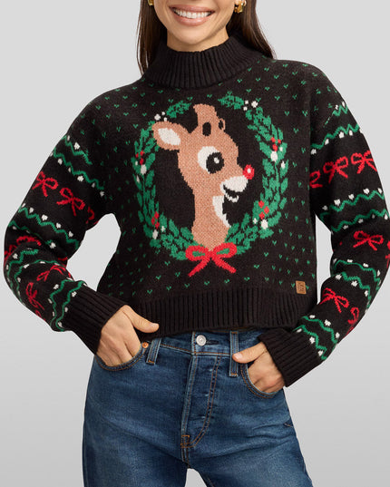 Women's Cozy Knit Rudolph Wreath Cropped Christmas Sweater
