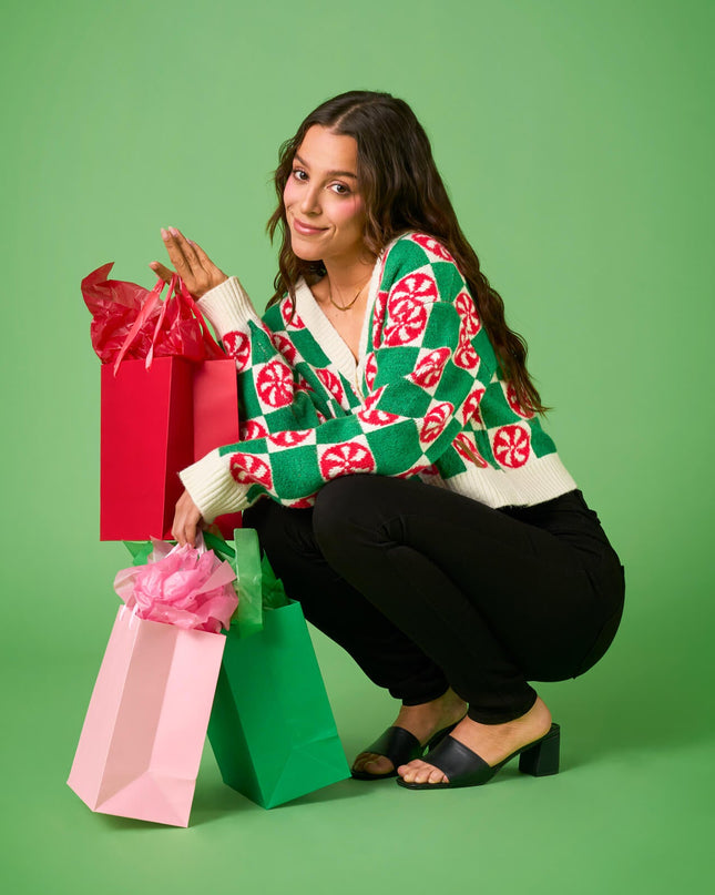 Women's Cozy Knit Checker Mint Cropped Christmas Cardigan Sweater