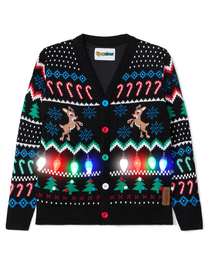 Girl's Fair Isle Rudolph Light Up Christmas Cardigan Sweater