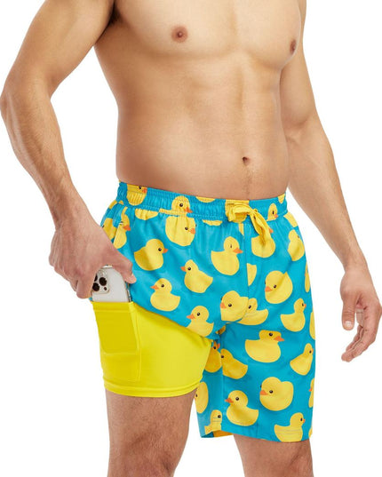 Rubber Ducky Stretch Swim Trunks With Liner - 7.5" Inseam