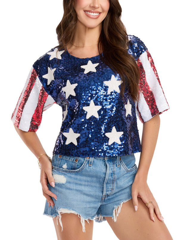 Women's Sequined Stars and Stripes Cropped Tee