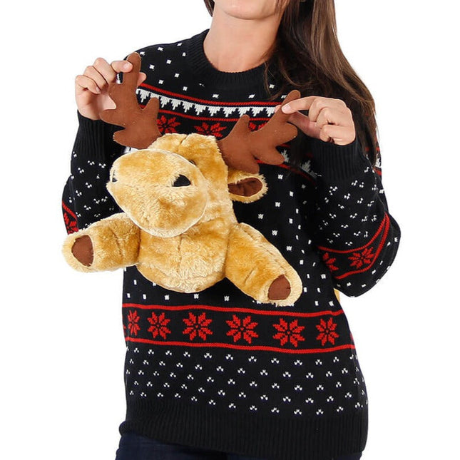 Women's Black 3D Moose Ugly Christmas Sweater
