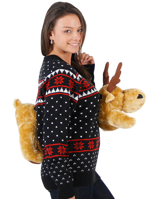 Women's Black 3D Moose Ugly Christmas Sweater