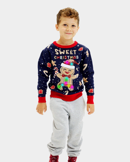 Blue LED Light-Up Christmas Sweater for Kids with Ginger Cookie