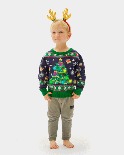 Blue LED Lighted Christmas Sweater for Kids with Christmas Tree