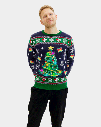 Luminous LED Blue Christmas Sweater with Christmas Tree