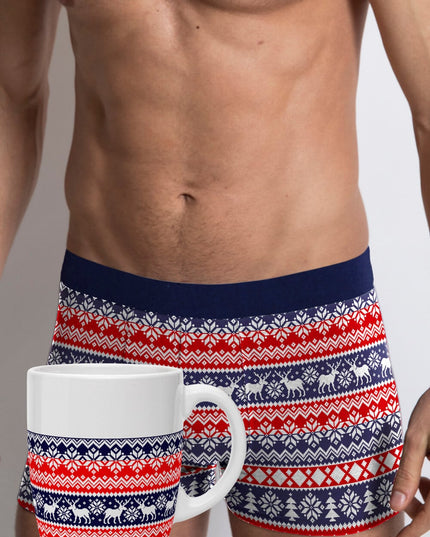 Men's Blue and Red Christmas Boxer Shorts with Reindeer + Christmas Mug