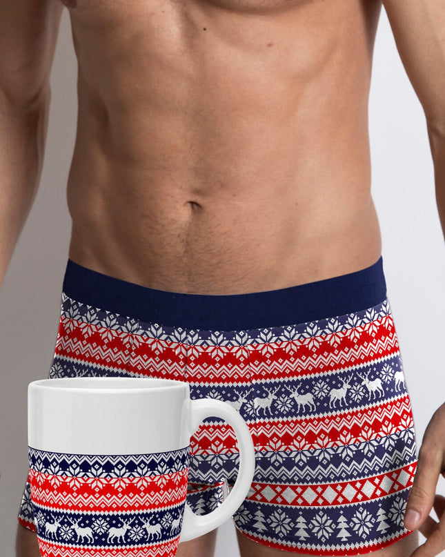 Men's Blue and Red Christmas Boxer Shorts with Reindeer + Christmas Mug