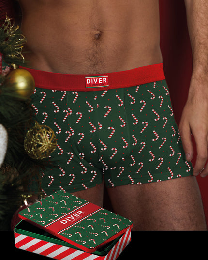 Green Christmas Boxers for Men with Candy Canes and Gift Box