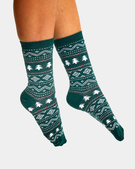 Unisex Christmas Socks - Green with Trees and Snow