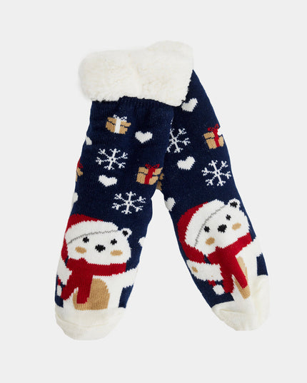 Blue Christmas Slipper Socks - Polar Bear Design