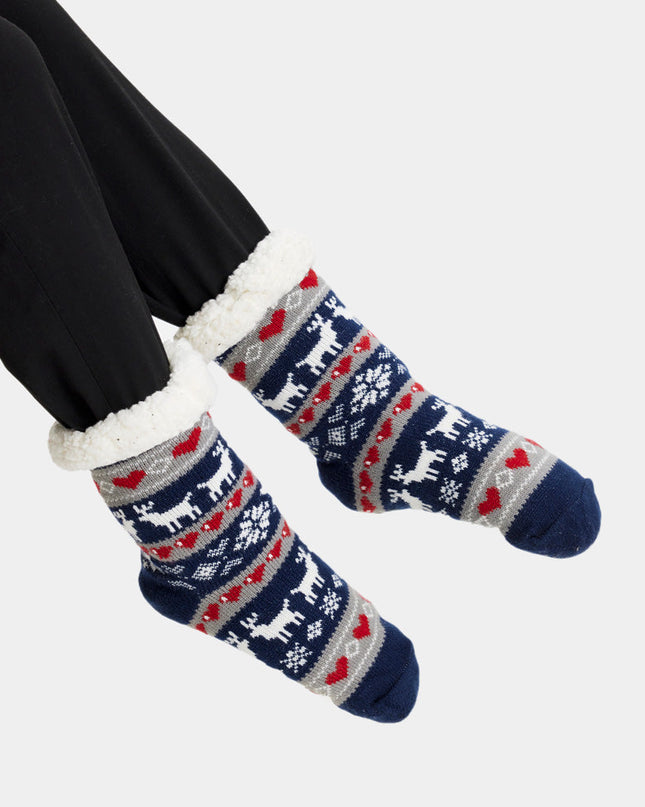 Blue Christmas Slipper Socks - Reindeer and Hearts Design