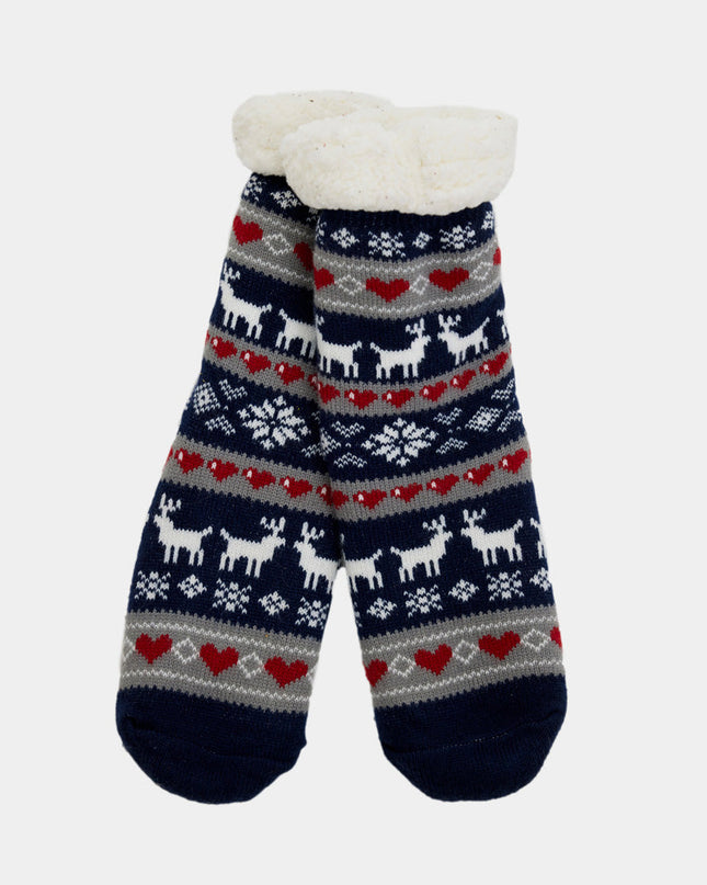 Blue Christmas Slipper Socks - Reindeer and Hearts Design