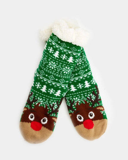 Green Christmas Slipper Socks with Trees and Reindeer
